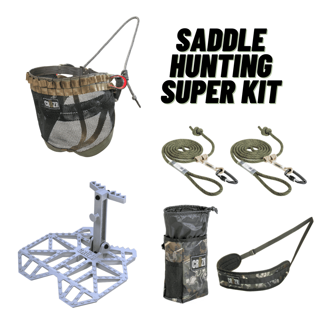CRUZR XC, Black, (Single Panel) Deer Hunting Saddle Super Kit, includes saddle, backband, saddle bag, tether with Prusik and locking carabiner, lineman's rope with Prusik and locking carabiner, and Seeker Platform